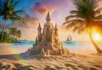 Elaborate sandcastle on a dreamy sunset beach with palm trees, sailboat, rainbow, and bokeh effects