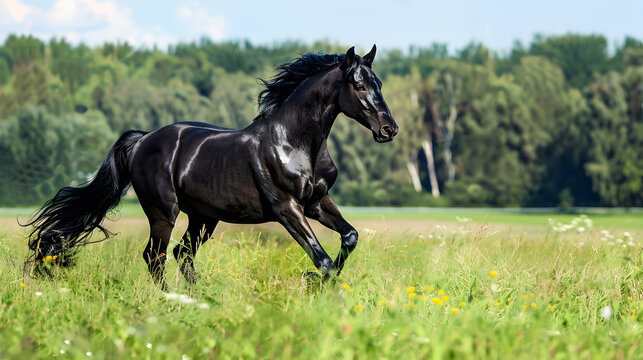 Powerful and graceful black horse running freely in a lush green field its mane flowing in the wind showcasing the beauty and power of these magnificent creatures in their natural environment