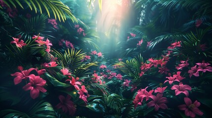 Tropical rainforest scenes depict the lush and vibrant landscapes of rainforests with diverse flora and fauna perfect for exotic and colorful backgrounds Background Illustration, Bright color tones,