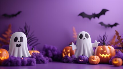 A purple background with Halloween decorations including pumpkins and ghosts.