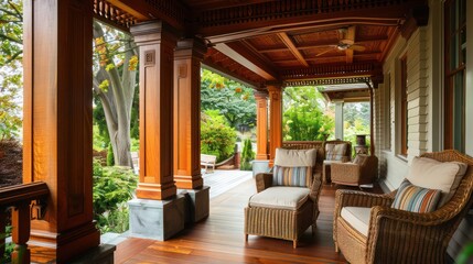 Fototapeta premium Craftsman-style porch with wooden posts, a beaded ceiling, and a pair of wicker chairs for relaxing outdoors