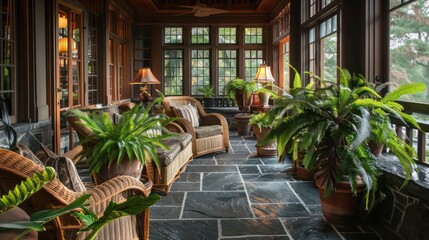 Craftsman-style sun porch with a slate floor, wicker furniture, and an array of potted ferns and palms