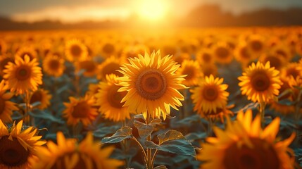 Fototapeta premium Sunflower fields in full bloom create a cheerful and bright landscape with golden hues and sunny skies ideal for uplifting and vibrant backgrounds Background Illustration, Bright color tones, ,