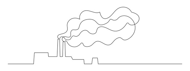 One continuous line drawing of factory Industrial plant. Abstract cooling towers of power station symbol in simple linear style. Editable stroke. Doodle outline vector illustration