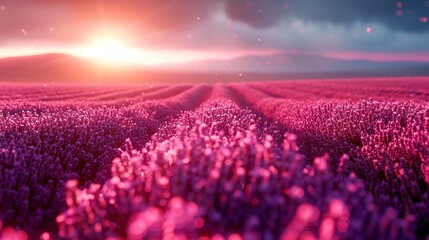 Obraz premium Lavender fields in bloom create a soothing and colorful landscape with rows of purple flowers stretching to the horizon ideal for calming and serene backgrounds Background Illustration, Bright color