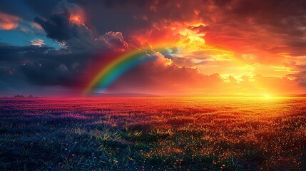 Rainbow over fields creates a magical and colorful scene with a spectrum of colors arcing over lush landscapes perfect for enchanting and vibrant backgrounds Background Illustration, Bright color