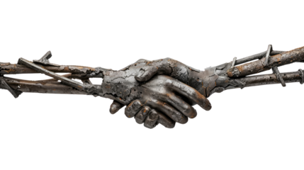 Hands made of metal bars shake hands on a transparent background