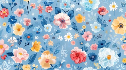 blue pastel background, hand-drawn floral pattern