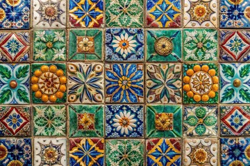 Vibrant multicolored glazed ceramic tiles with subtle cracks and worn edges create a visually striking textured background with a sense of aged elegance.