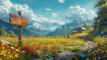 Sunny hillside meadows in full bloom create a bright and cheerful landscape with wildflowers and sunshine perfect for uplifting and vibrant backgrounds Background Illustration, Bright color tones, ,