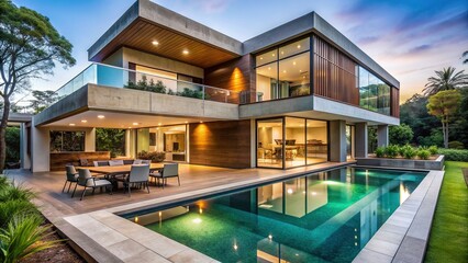 Fototapeta premium Modern luxury home boasts sleek fusion of concrete and wood elements, expansive open-plan living space, high-gloss kitchen, and expansive outdoor pool surrounded by lush greenery.