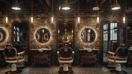 A barbershop with three stations, each featuring a vintage barber chair, a mirror, and a wooden vanity with drawers. The walls are brick and the lighting is antique.