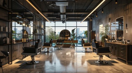 Modern barbershop with city skyline view, industrial decor of exposed brick and metal accents. Barber chairs around central station in natural light.