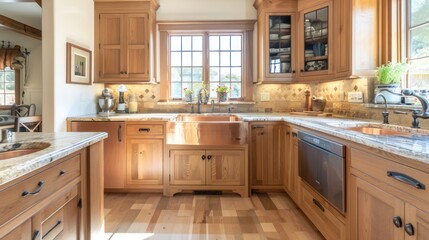 luxurious Craftsman-style kitchen with custom oak cabinets and a copper farmhouse sink
