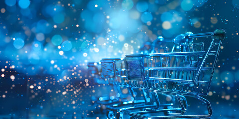 e-commerce blue to transactional silver background with pixelated motifs of shopping carts .