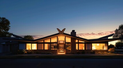 mid-century modern suburban home at dawn, its unique butterfly roof silhouetted against the early morning sky