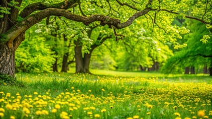 Fototapeta premium beautiful idyllic landscape panorama backgrond, yellow flower meadow and old trees in a spring park landscape, branch with green leaves in foreground