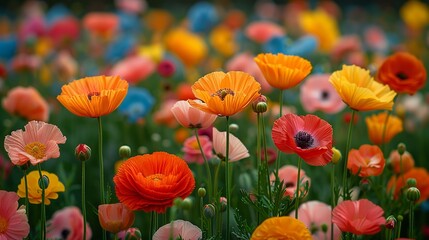 Blooming flower fields create a breathtaking and colorful display with vast expanses of vibrant blooms ideal for backgrounds and nature-inspired designs Background Illustration, Bright color tones, ,