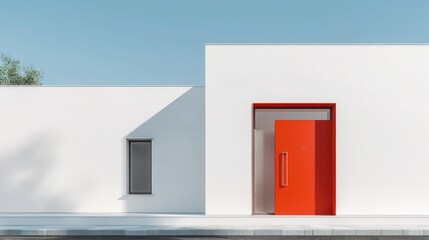minimalist suburban home with an all-white facade, punctuated by a vibrant, sculptural red door