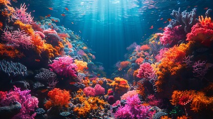 Naklejka premium Colorful underwater scenes showcase the vibrant life beneath the waves with stunning coral reefs and exotic sea creatures perfect for aquatic-themed backgrounds Background Illustration, Bright color