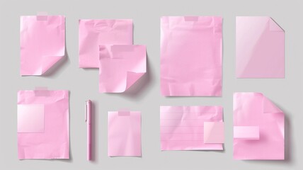 Explore a collection of pink sticky post-it notes in various sizes and orientations, creatively arranged on a transparent PNG canvas. Showcasing their lovely pinks and tactile qualities