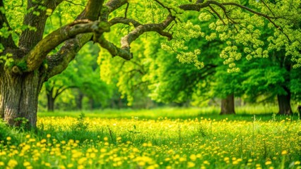 beautiful idyllic landscape panorama backgrond, yellow flower meadow and old trees in a spring park landscape, branch with green leaves in foreground