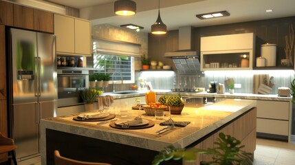 modern suburban kitchen with an eco-friendly design, featuring recycled materials and energy-efficient appliances