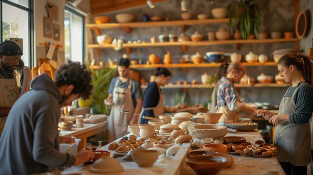 A diverse group of adults attending a pottery class, working on their clay projects at a long table, modern studio with shelves displaying finished pieces.