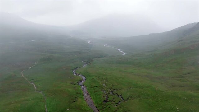 Aerial views of Glen Etive valley in Scottish Highlands, Scotland, UK