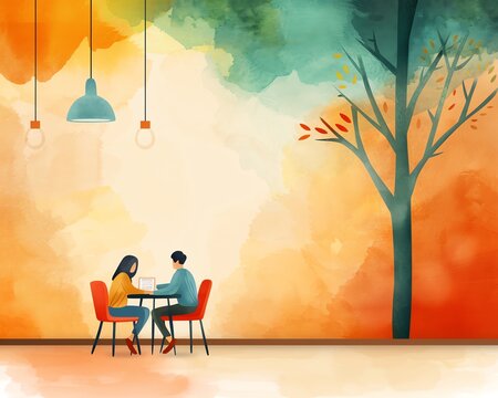 A lively watercolor of students and a mentor in a campus cafe, discussing theoretical frameworks and ideas