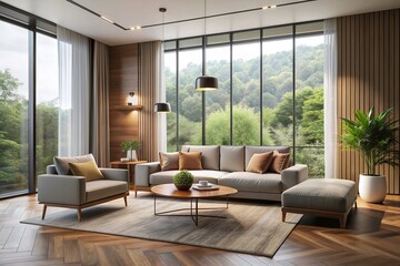 Fototapeta premium Modern living room with sleek furniture, large windows, and a minimalist blank side table waiting for decoration, surrounded by neutral-toned walls and floor.