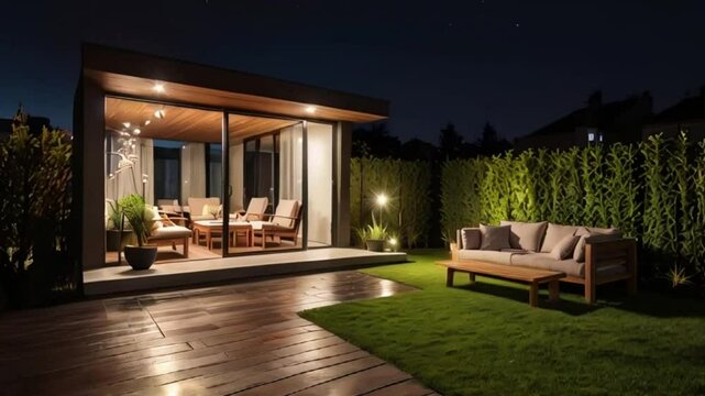 Modern private house terrace design in summer. A modern home, single house backyard terrace with comfortable swing chair and garden furniture. Elegant contemporary design.