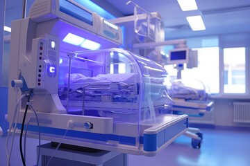 Newborn baby in medical incubator in a hospital's intensive care unit