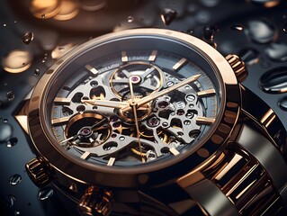 Wristwatch close-up with water drops. 3d illustration