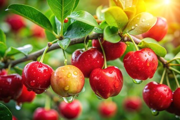 Juicy fresh organic acerola cherries hang from a lush green tree, glistening with dew droplets, against a soft natural light, showcasing their vibrant red color.