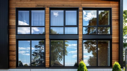suburban home's modern fa? section ade with wood panels and large windows that reflect the sky and trees