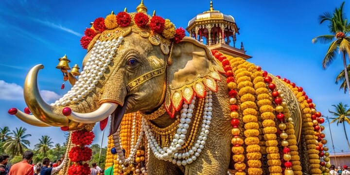 Vibrant golden caparisoned elephant adorned with intricate bells and ornaments pauses during Thrissur festival procession in Kerala's serene atmosphere under clear blue sky.