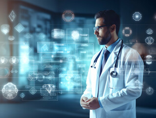Advanced Medical Technology, Disease and clinical analysis, Medical science and biotechnology, Healthcare and medical doctor working, Virtual research of patient report, Advance research