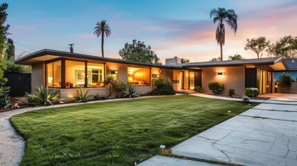 suburban home with a mid-century modern influence, featuring updated interiors that respect the original design ethos