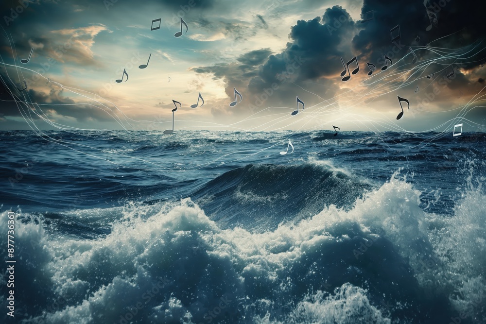 Canvas Prints a stormy sea with music notes flying in the air