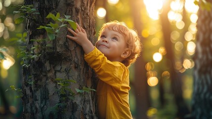 A young child is hugging a tree trunk. The child is wearing a yellow shirt and has a big smile on his face. The scene is bright and cheerful, with the sun shining through the leaves of the tree