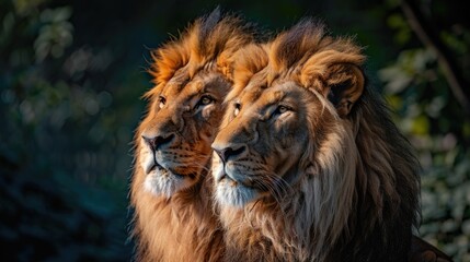 Two lions standing next to each other in the wild. The lions are looking at the camera. The image has a sense of majesty and power