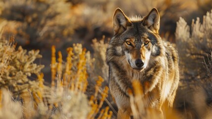 Obraz premium A wolf is standing in a field of dry grass. The wolf has a very intense look on its face