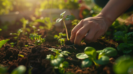 Fototapeta premium A close-up shot of hands digging in the soil with a small trowel, planting young seedlings, background of a well-tended garden with various plants.