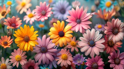 Fototapeta premium Colorful garden blooms add a touch of vibrancy and beauty to any project with a variety of flowers in full bloom ideal for lively and inviting backgrounds Background Illustration, Bright color tones,