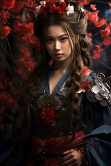 Fototapeta premium Young woman dress in blue Asian clothing Surrounded by red flowers create mystery It creates a mesmerizing visual tension. Overall, it invites curiosity and invites viewers to explore hidden stories.