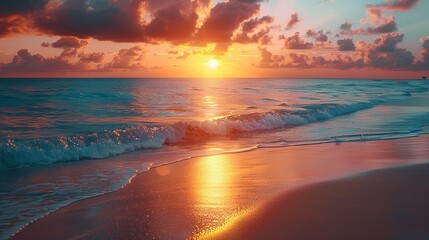 Tropical sunset beaches bathed in warm hues create a serene and picturesque landscape perfect for tropical-themed backgrounds Background Illustration, Bright color tones, , Minimalism,