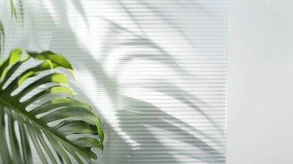 Fototapeta premium White Ribbed Background. Green palm with reeded glass. Plant texture for magazine. Natural wood and palm tree. Sunny window with bokeh.