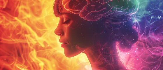 Illuminated Brain - Detailed Anatomy of a Woman's Mind with Rainbow Swirls