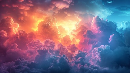 Rainbow clouds fill the sky with a spectrum of colors creating a magical and dreamy atmosphere perfect for enchanting and vibrant backgrounds Background Illustration, Bright color tones, , Minimalism,